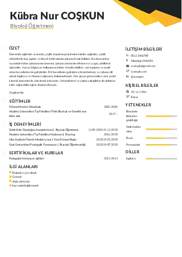Biyoloji Öğretmeni CV Örnekleri cv indir